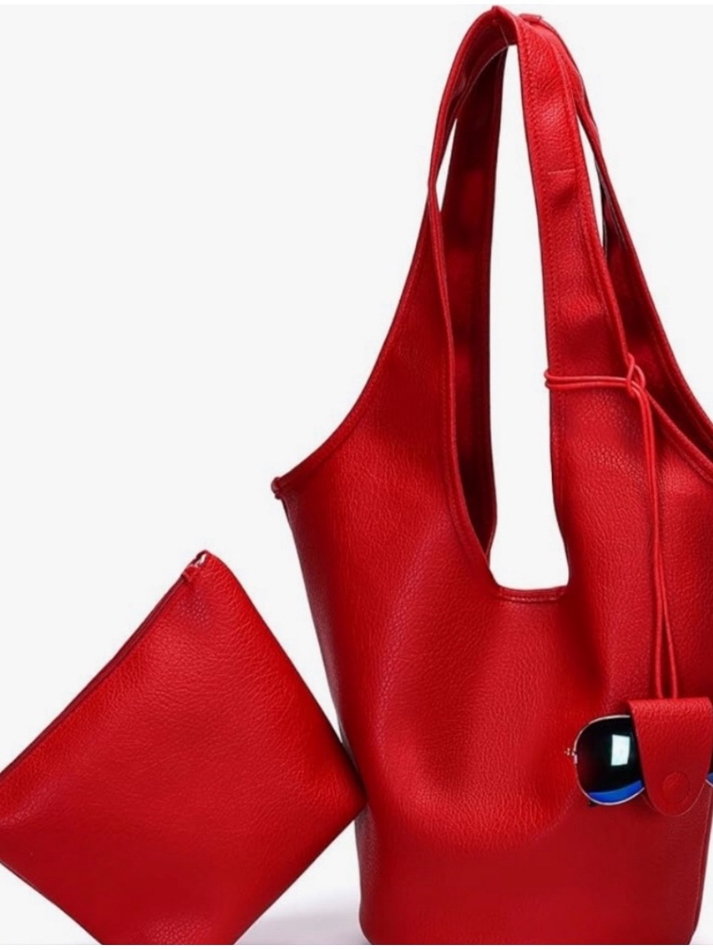 Red Leather Shoulder Tote Bag with Matching Pouch